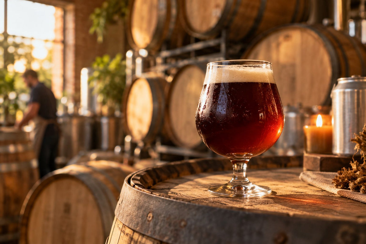Verre de bière forte couleur acajou devant des fûts de chêne dans une brasserie