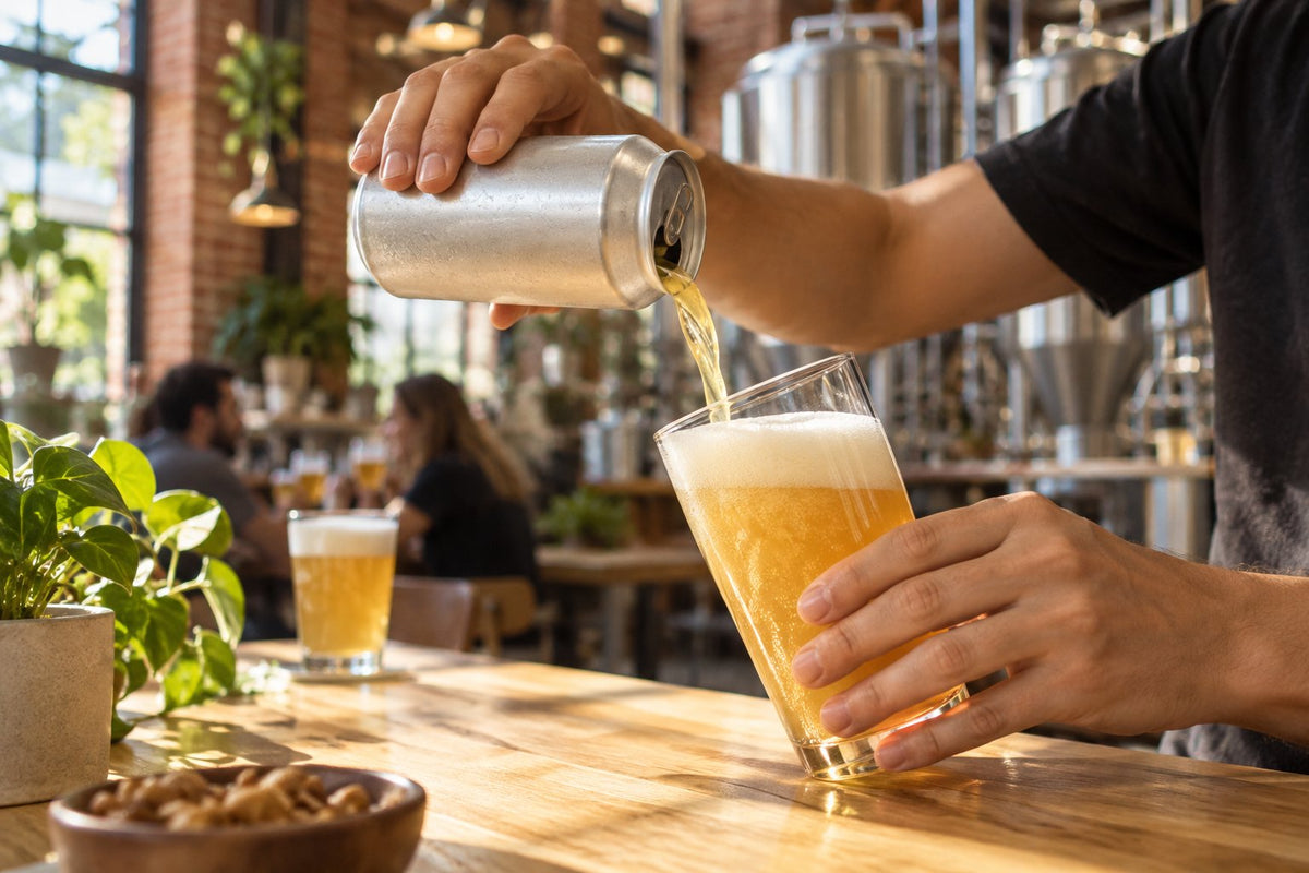 Bière versée d'une canette dans un verre incliné pour former une belle mousse