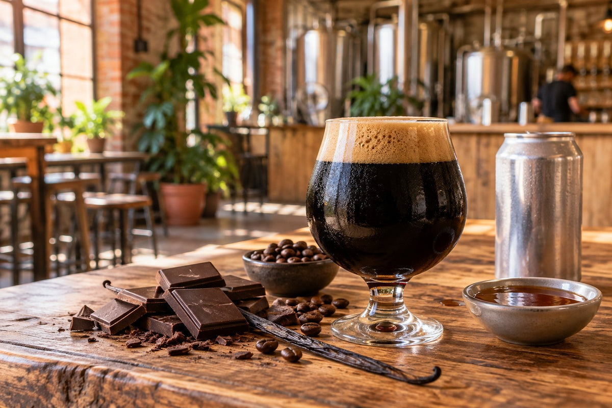 Imperial stout noir à mousse beige à côté de chocolat noir, de vanille et de grains de café