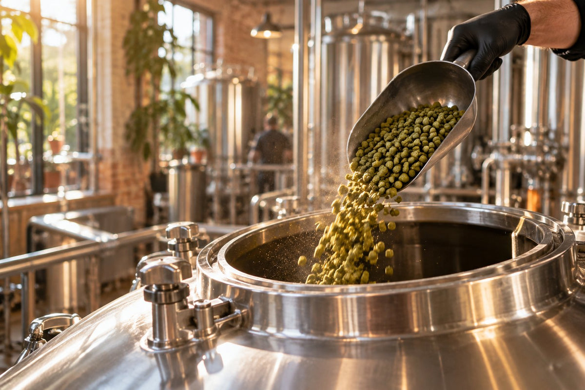 Pellets de houblon versés dans une cuve de fermentation en inox : le houblonnage à cru