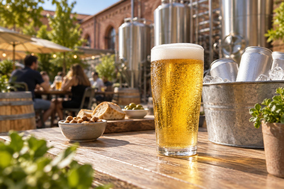 Grand verre de bière blonde limpide et fraîche sur une terrasse de brasserie en été