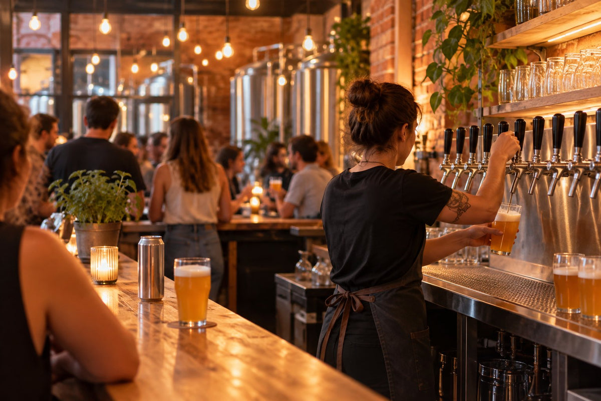 Bar à bière craft à Toulouse en soirée : murs de briques roses, tireuses et ambiance conviviale