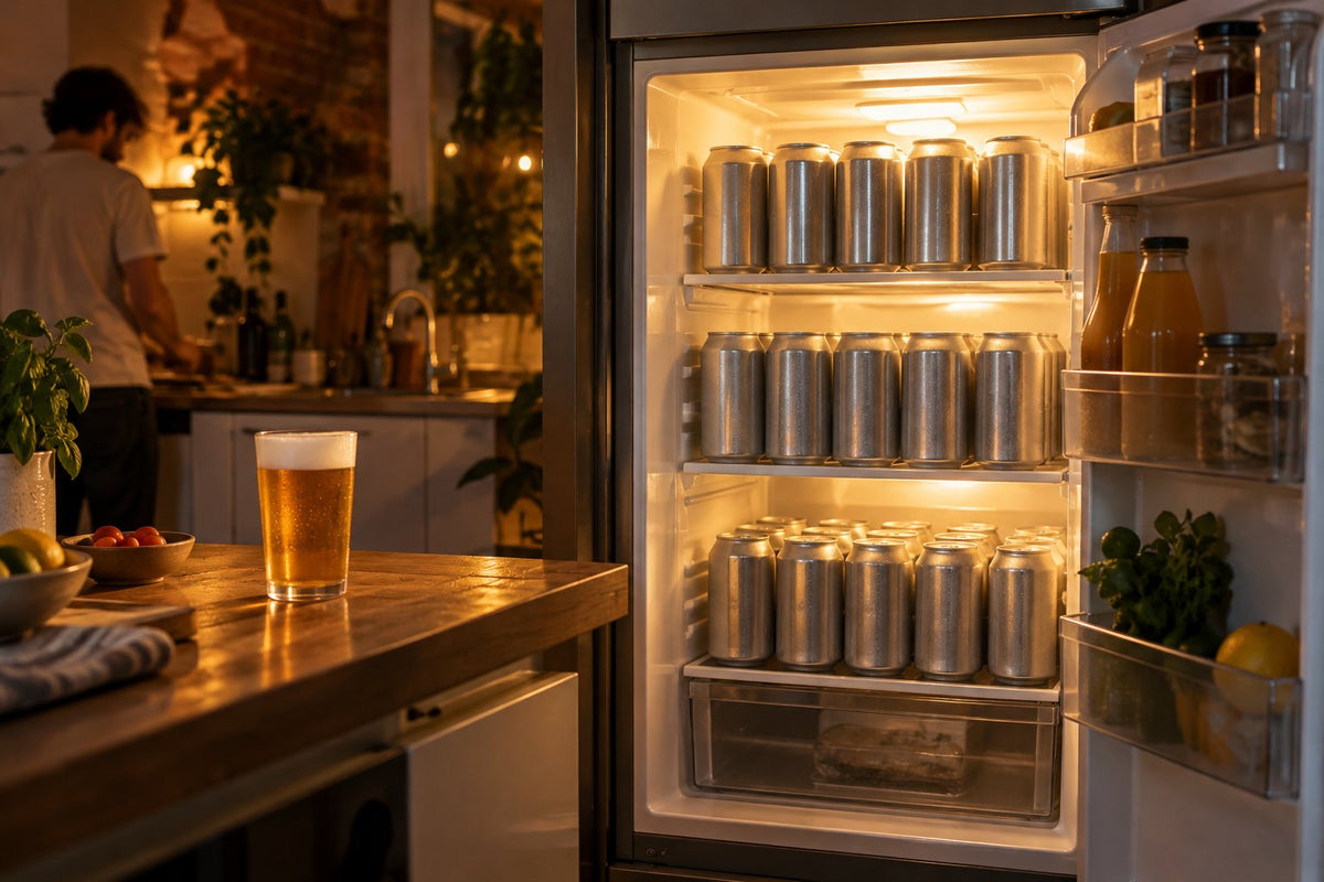 Réfrigérateur rangé avec des canettes de bière debout, pour bien conserver ses bières