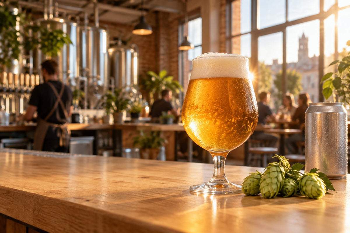 Verre tulipe d'IPA ambrée au soleil sur le comptoir d'une brasserie, avec des cônes de houblon frais