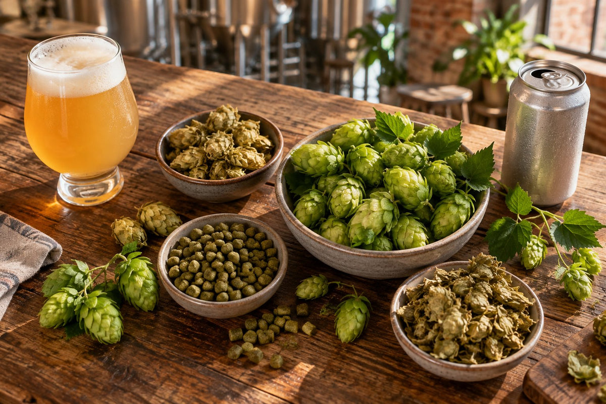 Bols de houblons frais, séchés et en pellets sur une table en bois, avec un verre d'IPA