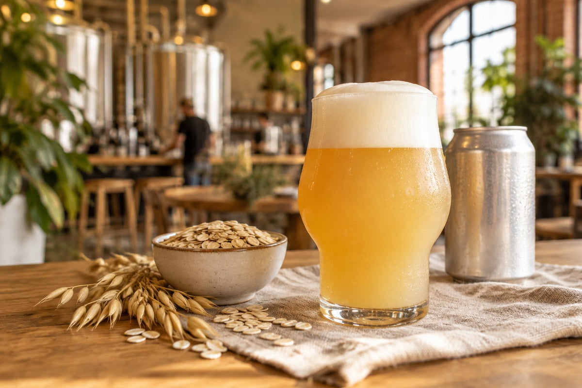 Oat Cream IPA trouble à la mousse épaisse, à côté d'un bol de flocons d'avoine