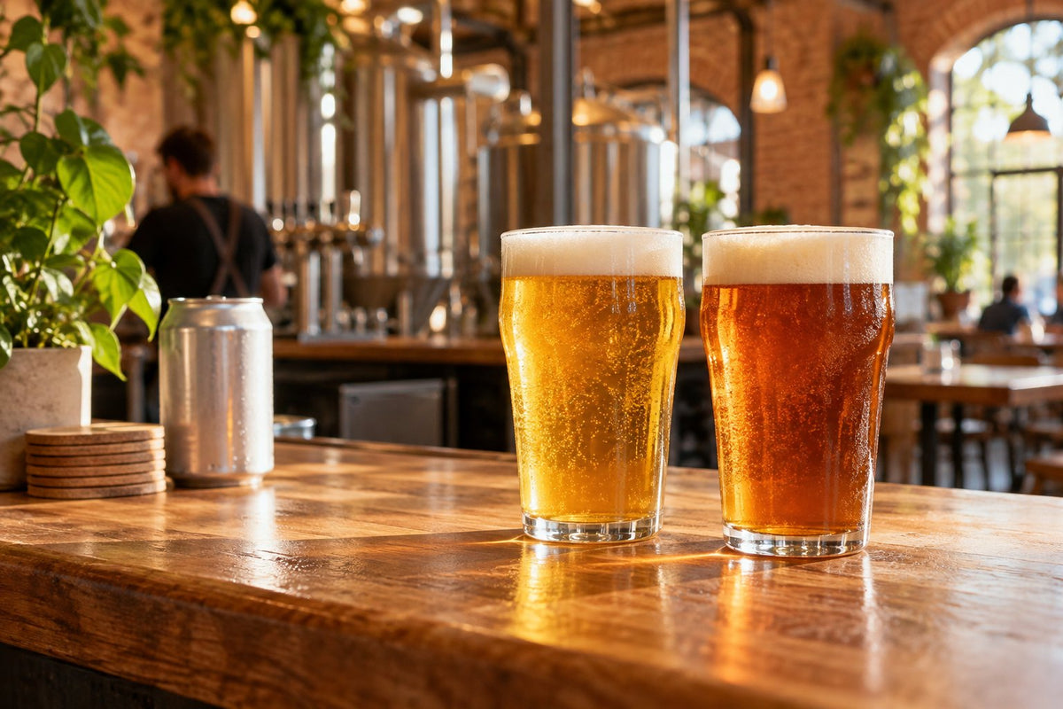 Une pale ale dorée et une IPA cuivrée côte à côte sur le comptoir d'une brasserie
