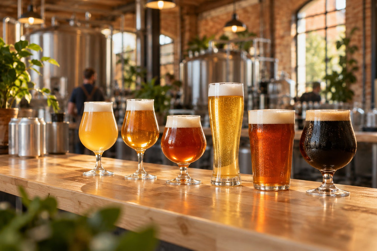 Six formes de verres à bière alignées, chacune remplie d'une bière différente, du blond au noir