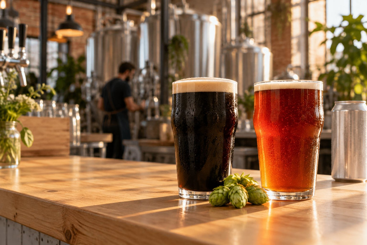 Une Black IPA noire et une Red IPA rubis côte à côte sur le comptoir d'une brasserie, avec des cônes de houblon