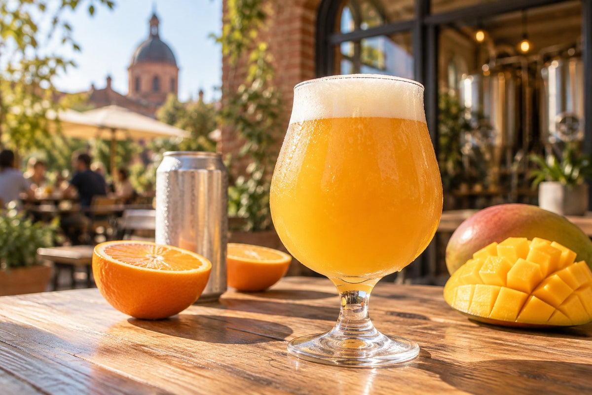 NEIPA trouble couleur jus d'orange sur une terrasse à Toulouse, entre une orange et une mangue