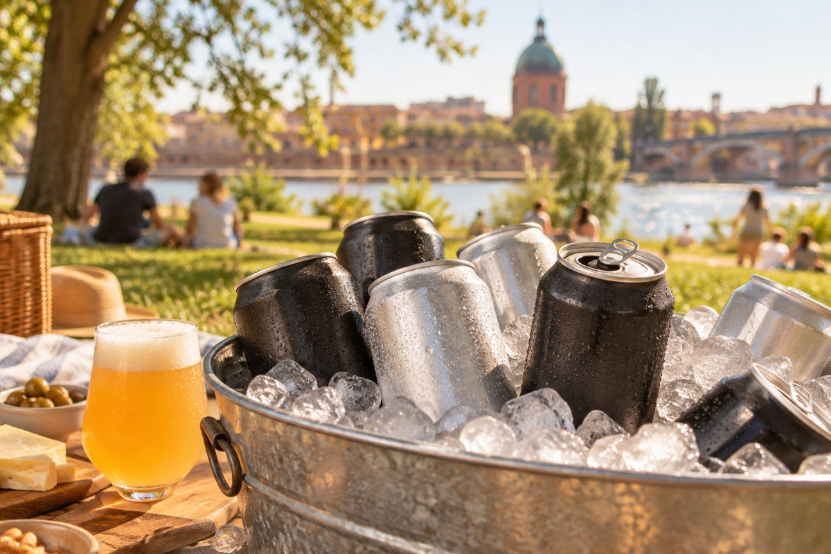 Canettes de bière dans un seau de glace lors d'un pique-nique au bord de la Garonne à Toulouse