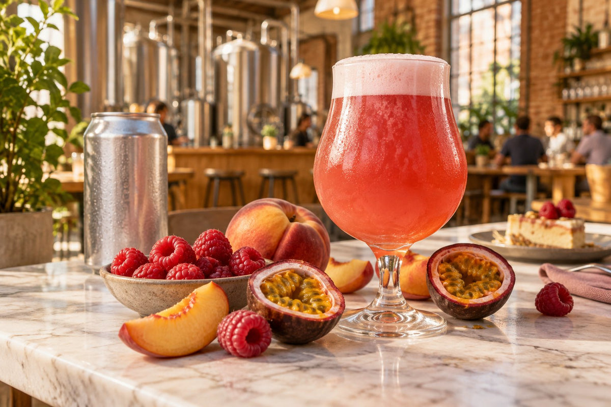 Bière sour aux fruits rose corail entourée de framboises, de pêches et de fruits de la passion