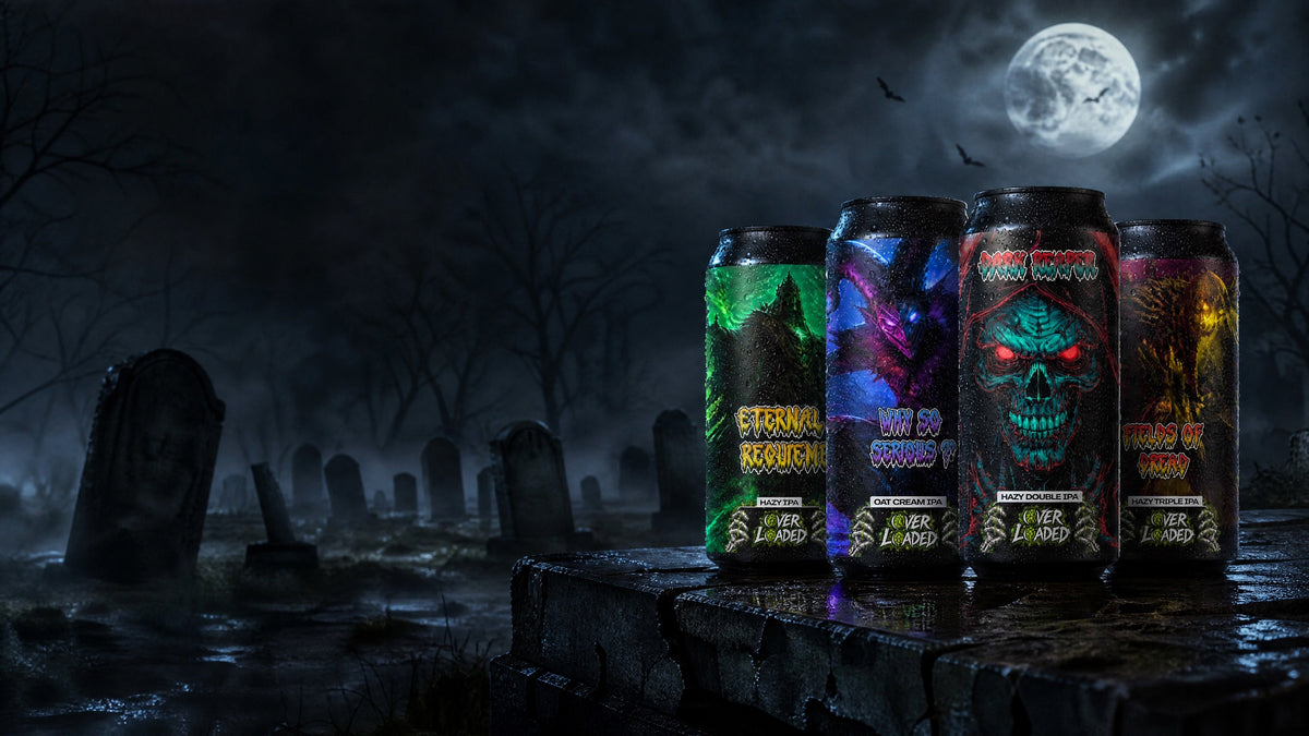 Les quatre bieres Halloween Overloaded de Game Over Brewing dans un cimetiere