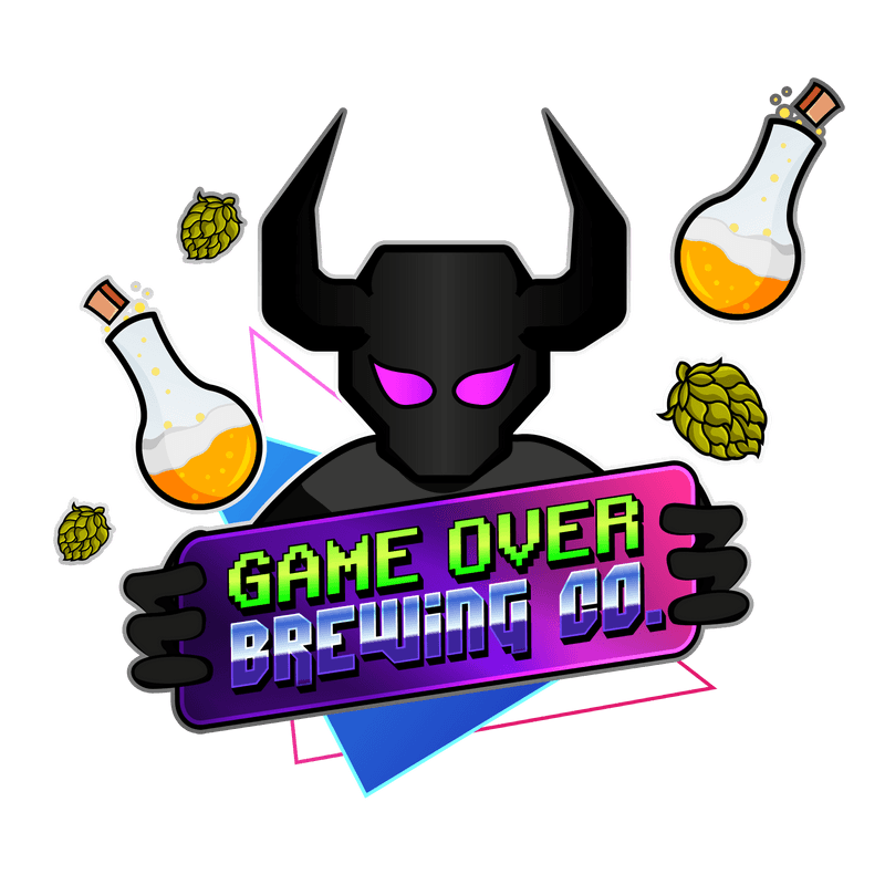 Logo Game Over Brewing Co. : le monstre de la brasserie tient l'enseigne, entouré de houblons et de fioles de bière